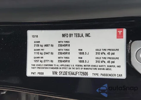 2018 Tesla Model 3 Long Range/Mid Range z USA, uszkodzony, nr VIN 5YJ3E1EA4JF172606